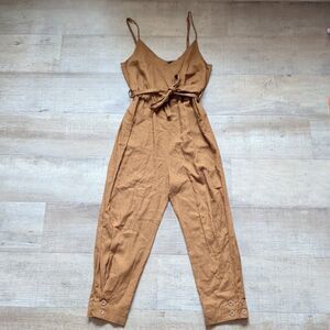 ​DELUC Women's Brown Linen Blend Tie Waist Spaghetti Strap Cami Jumpsuit Size M